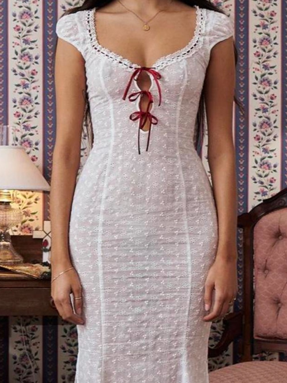 Mirror Palais White Lace Maxi Dress with Red Tie Detail